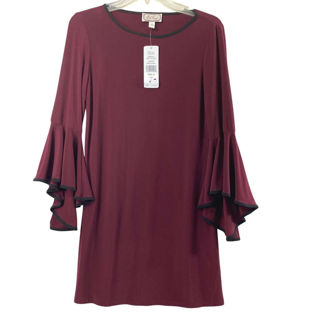Ivy Road Dress Womens Small Burgundy Boho Ruffle Sleeve Retro Mod Office Event